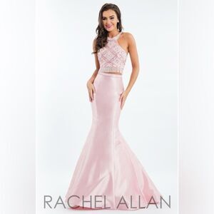 NWT Rachel Allan 2 piece beaded blush halter flare skirt formal gown Style #7557